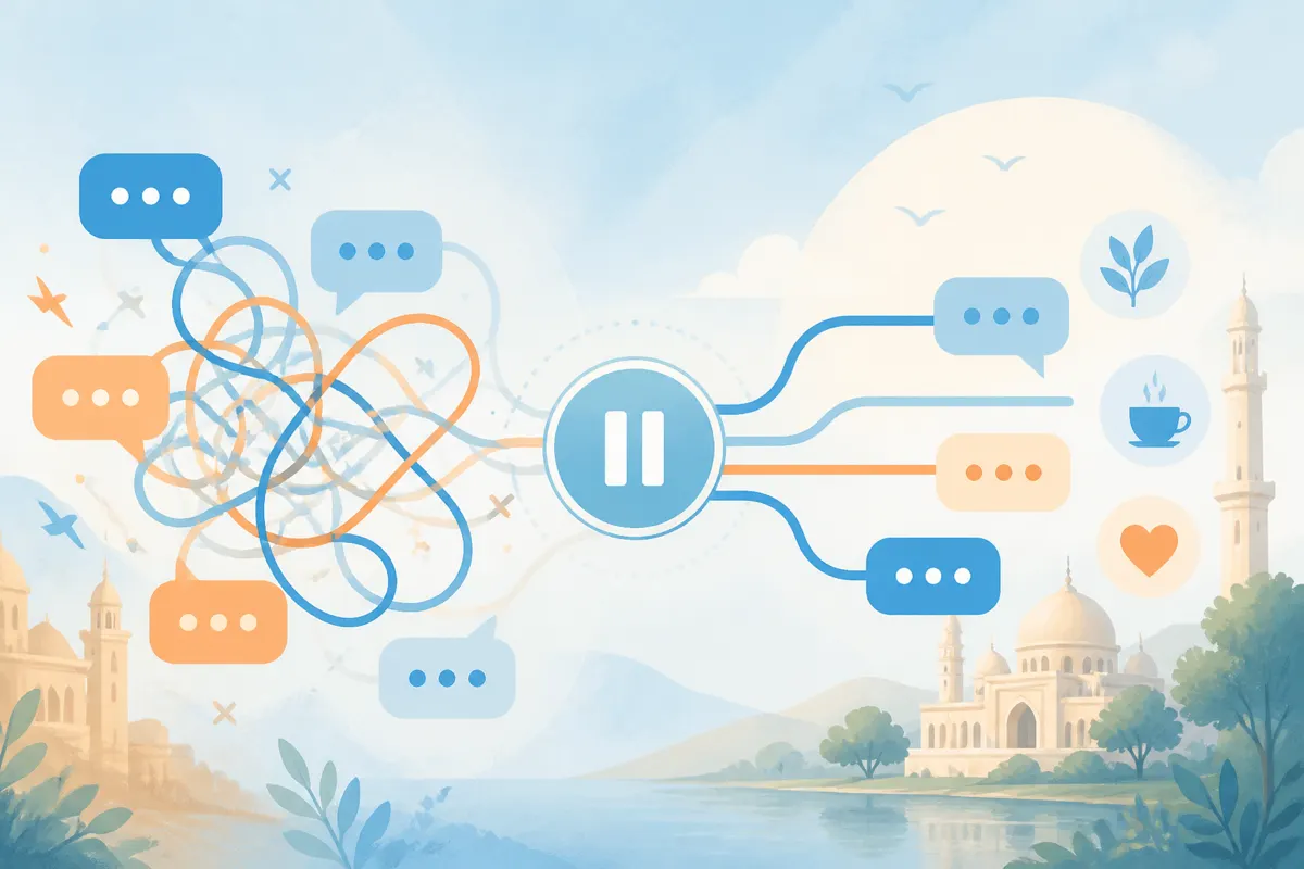 Calm illustration of tangled chat bubbles gently untangling into peaceful paths to avoid online argument loops