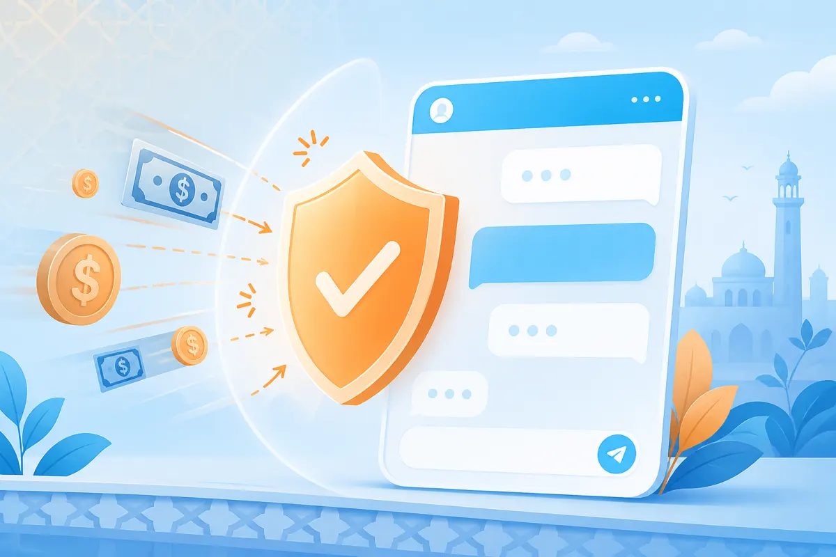 Safety illustration of a shield blocking fake money icons from entering an online chat bubble