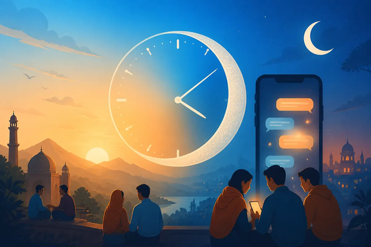 Illustration of evening clock and moon suggesting the best times to chat in Pakistan