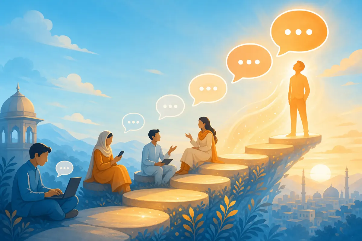 Editorial illustration of a figure growing confident as chat bubbles bloom along an upward path of light