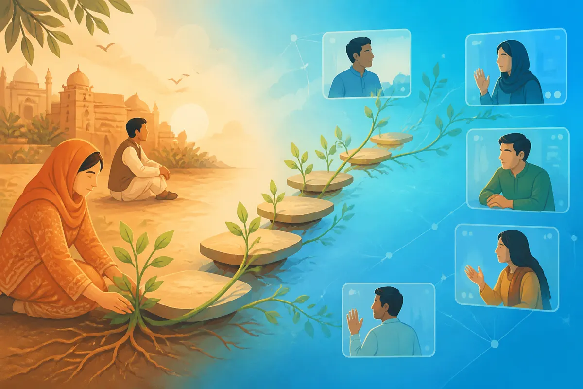 Illustration of stepping stones and growing roots for building trust slowly online