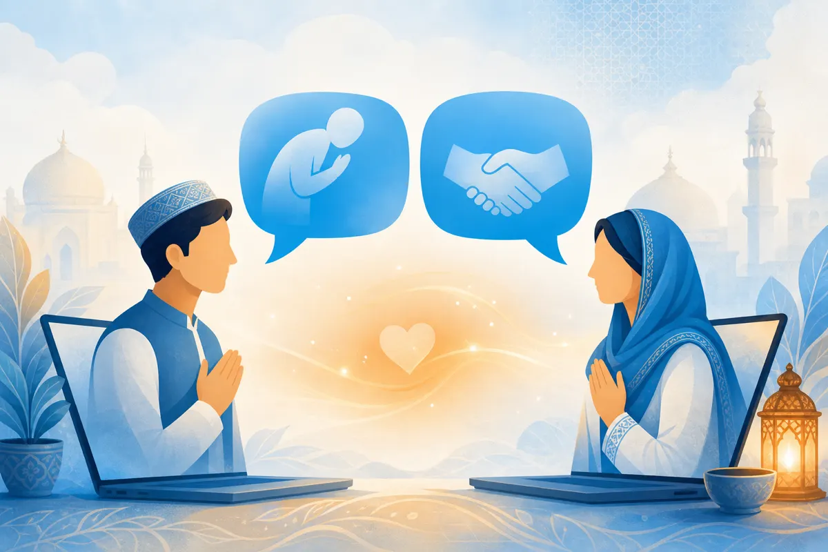 Editorial illustration of stylized figures exchanging respectful greetings with sky-blue speech bubbles