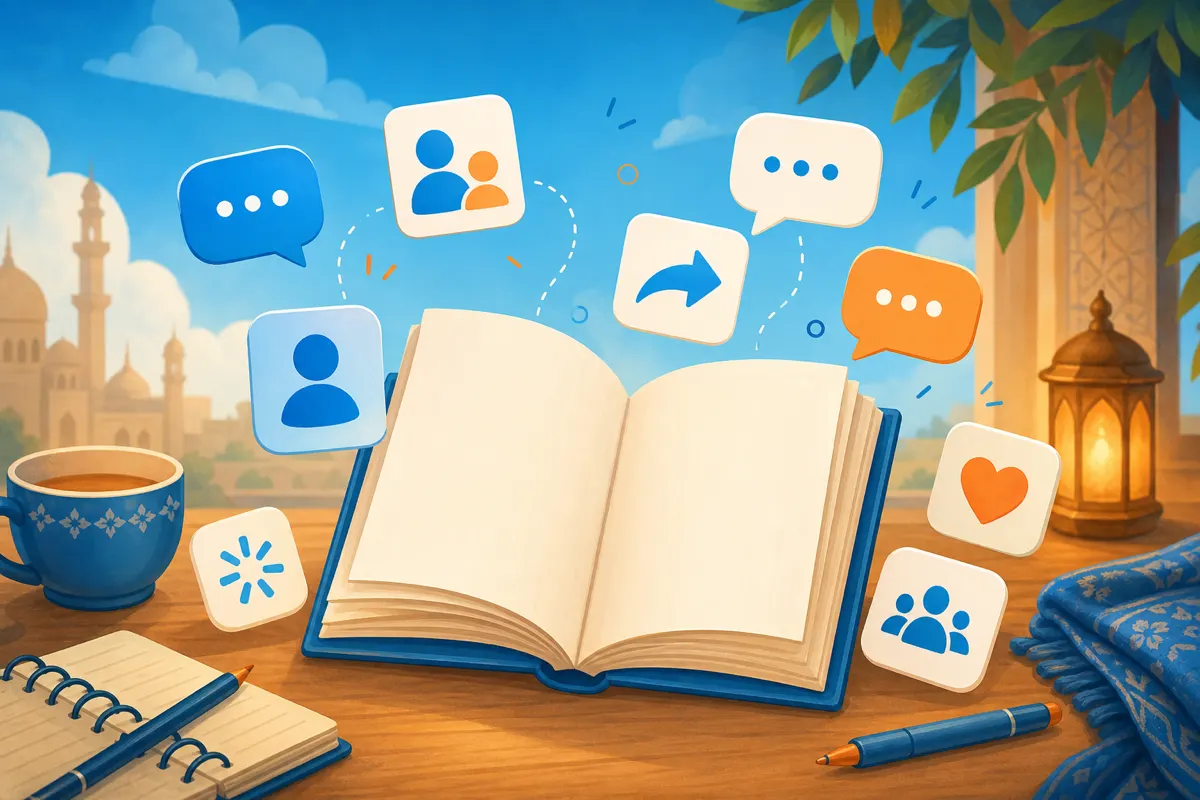 Editorial illustration of an open beginner guidebook with floating sky-blue chat icons and soft orange learning accents
