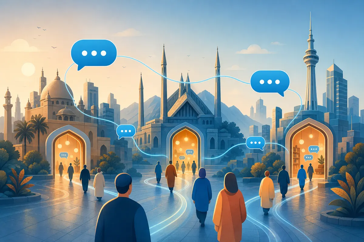 Editorial illustration of a Pakistani city skyline with chat bubbles connecting different city chat rooms