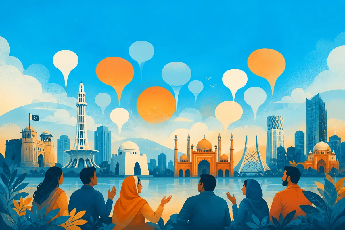 Illustration of Pakistani city skylines with friendly chat bubbles for city pride talks