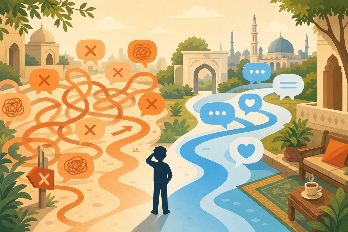 Editorial illustration of a newcomer facing tangled soft-orange chat mistakes beside a clearer sky-blue path