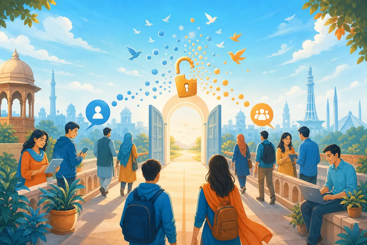 Editorial illustration of guest and registered paths leading through the same free sky-blue gateway with soft orange welcome light