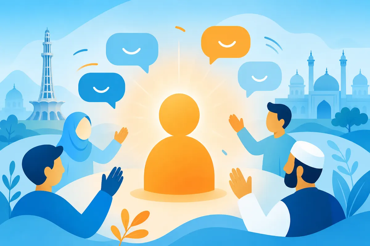 Editorial illustration of a warm welcoming avatar radiating sky-blue and soft-orange friendly chat energy