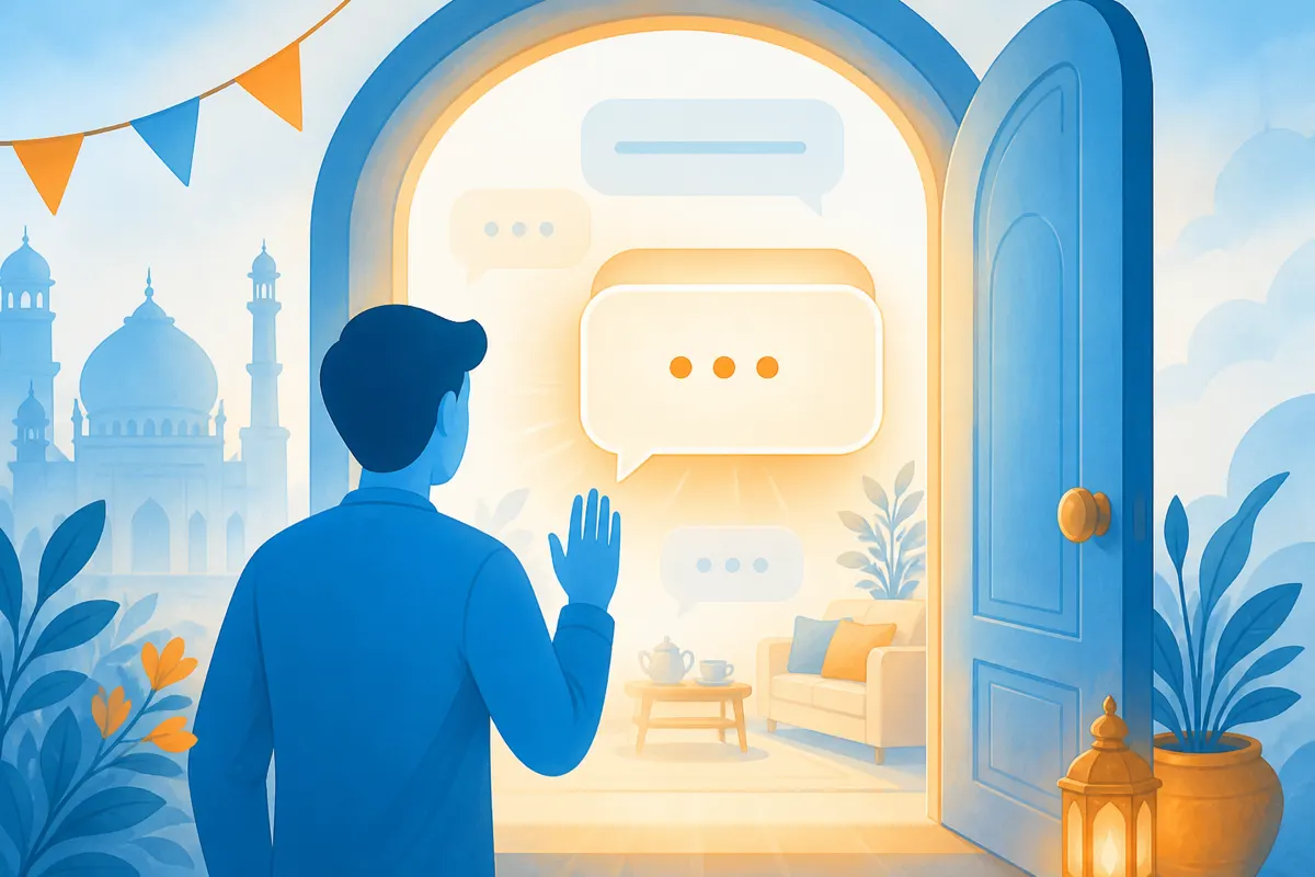 Bright illustration of a warm first message bubble opening into a welcoming online chat room
