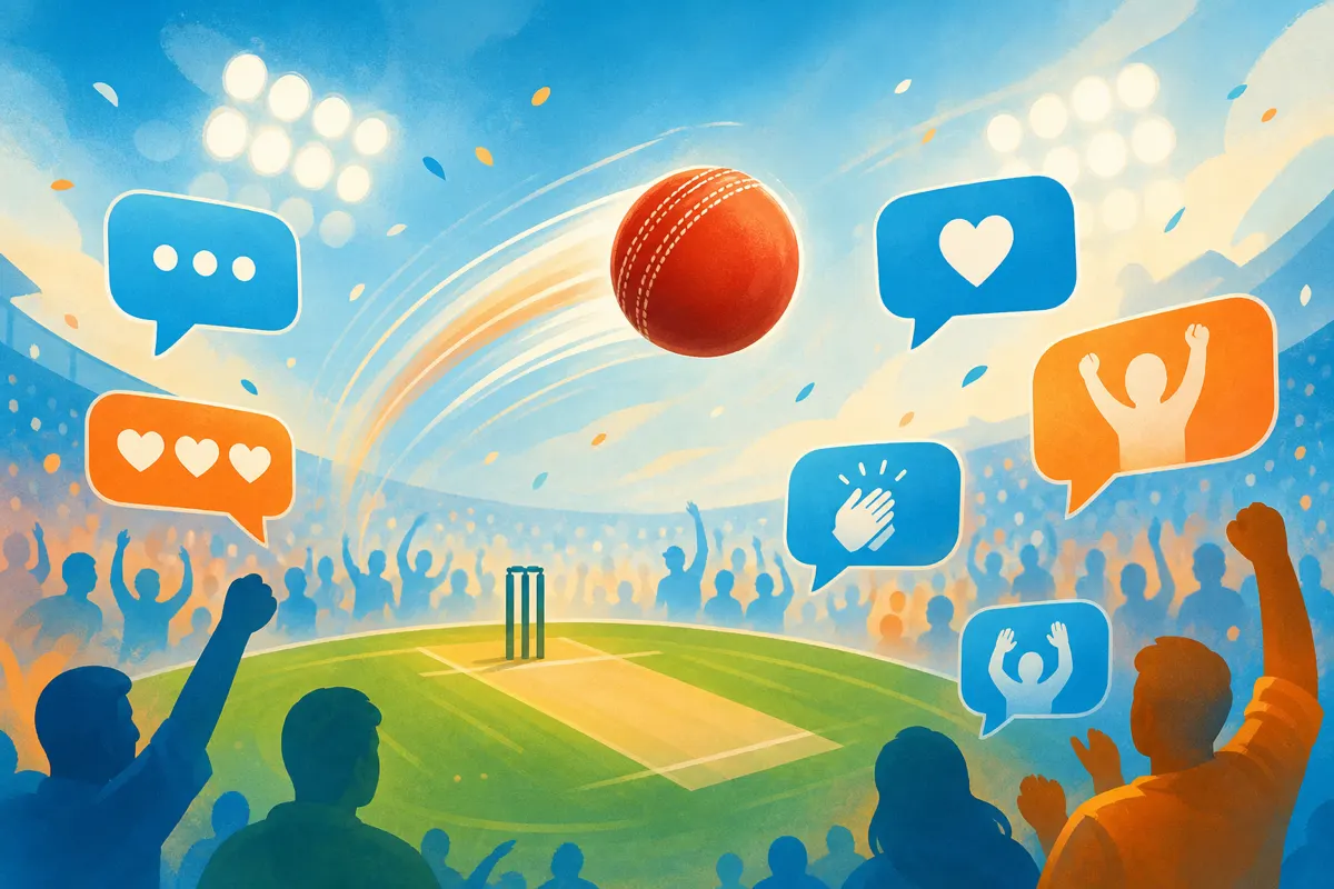 Editorial illustration of a cricket ball, pitch, and excited chat bubbles celebrating match culture