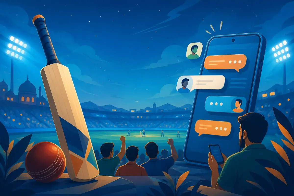 Illustration of cricket bat, ball, and cheering chat bubbles for match-night chat tips