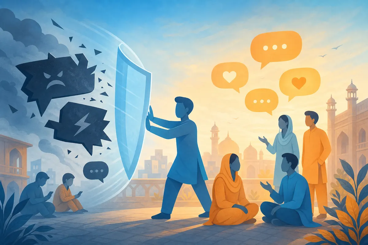 Editorial illustration of calm chat bubbles shielded from a toxic stormy bubble in sky blue and soft orange