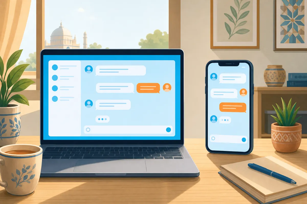 Editorial illustration of a laptop and smartphone side by side showing soft sky-blue chat interfaces