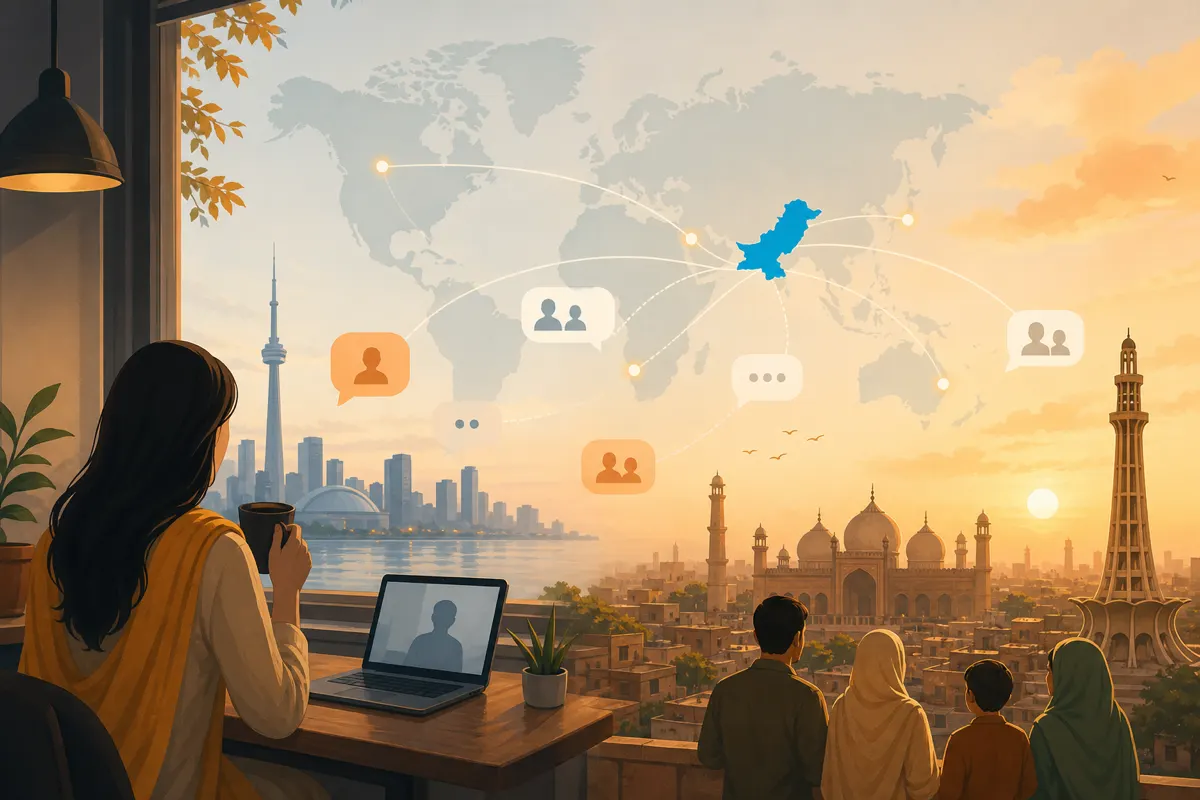 Editorial illustration of a soft world map linking an overseas window to a Pakistani skyline with sky-blue chat bubbles