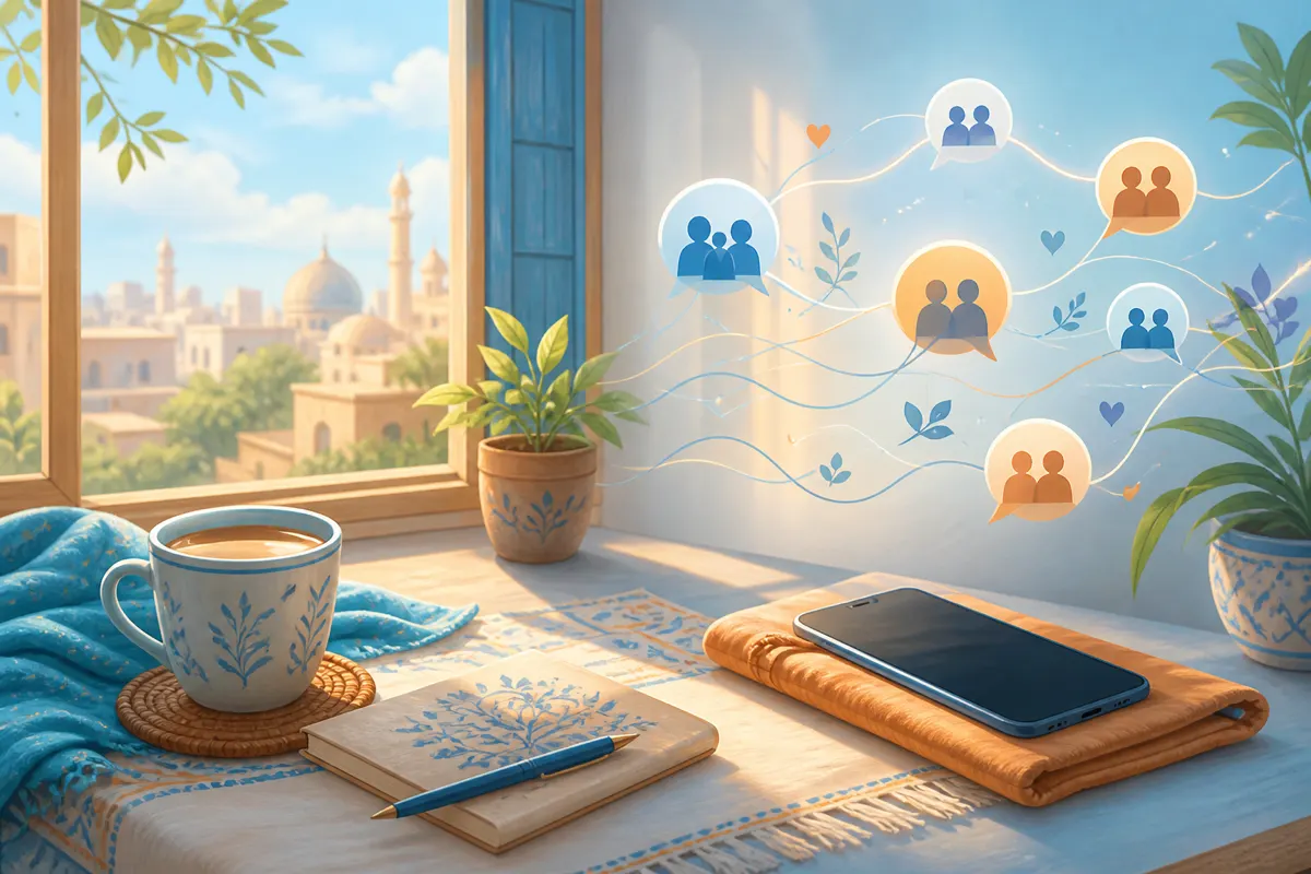 Peaceful illustration of a phone set aside by a sunny window while soft friendship threads stay connected