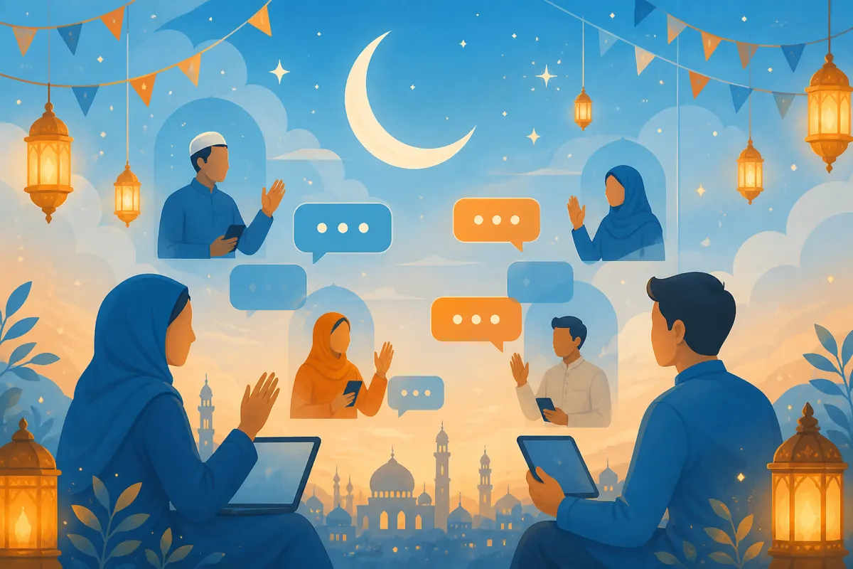 Editorial illustration of Eid crescent, lanterns, and warm online greeting chat bubbles
