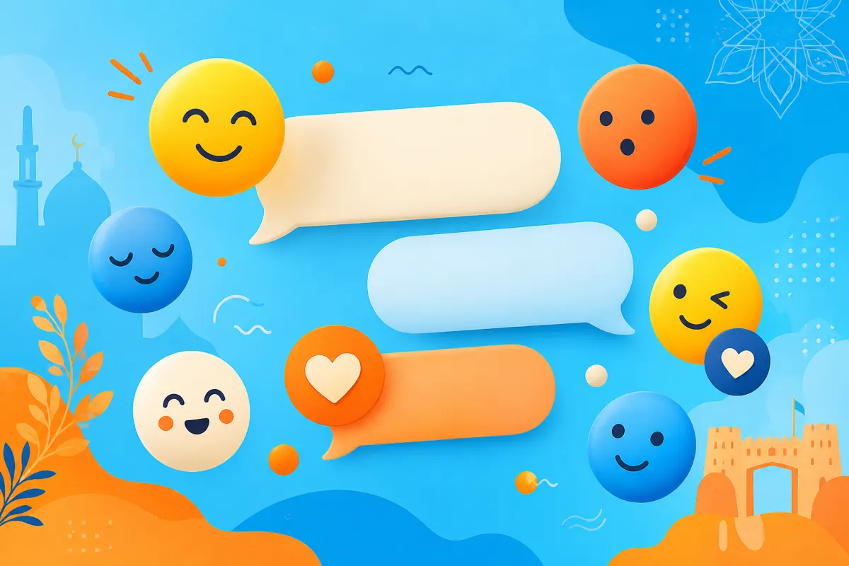 Illustration of colorful emoji-like shapes around chat bubbles for desi emoji etiquette