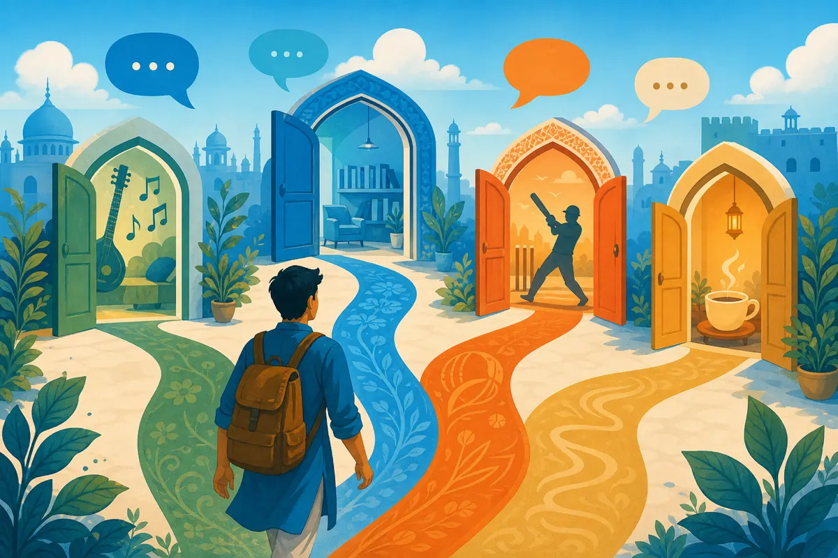 Editorial illustration of branching sky-blue doorways into themed chat rooms with soft orange explorer path