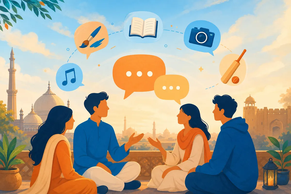 Editorial illustration of friends connecting through hobby icons and warm chat bubbles