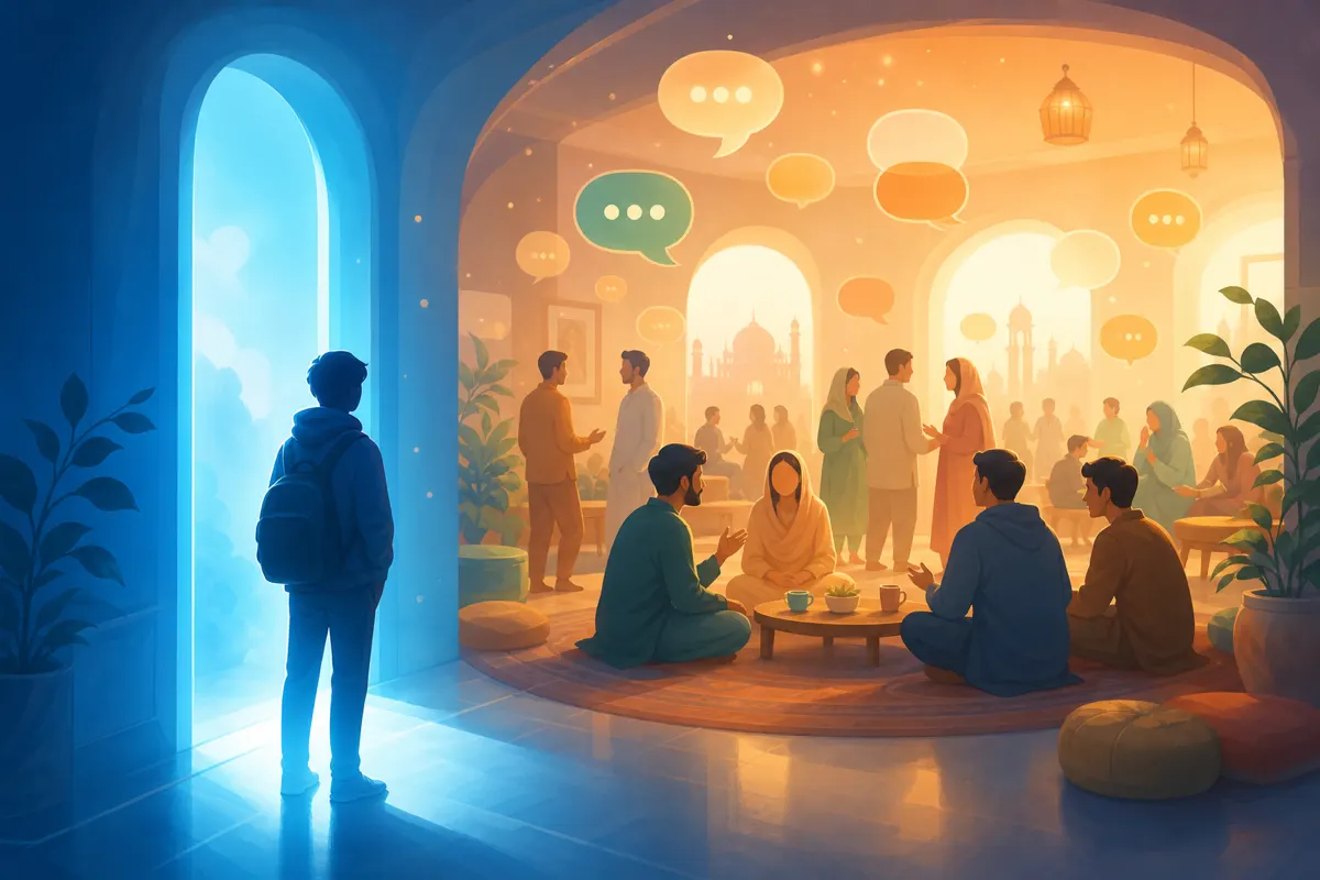 Editorial illustration of a newcomer at a glowing doorway entering a welcoming Pakistani chat room