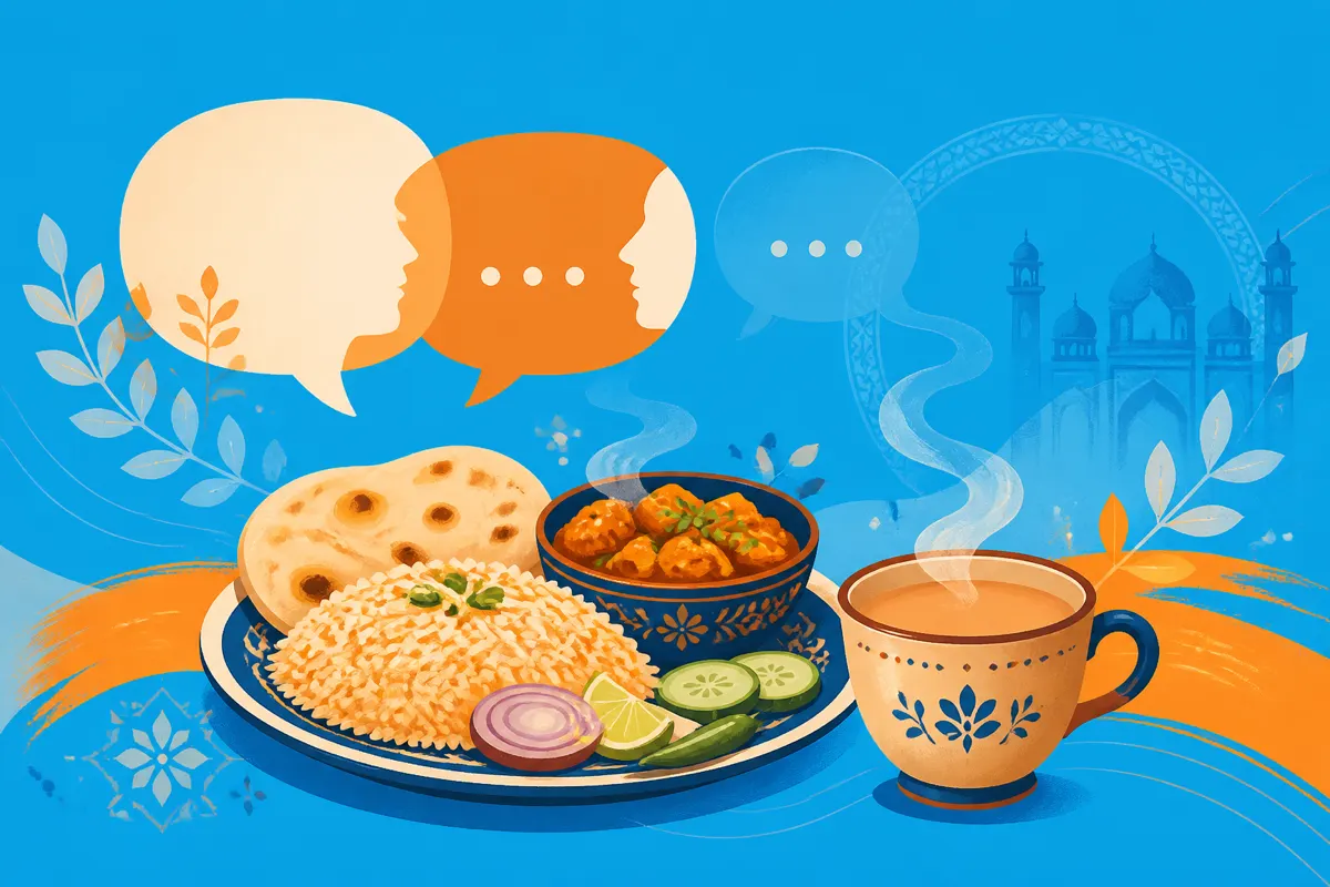 Illustration of a steaming plate and chai cup with chat bubbles for Pakistani food talk
