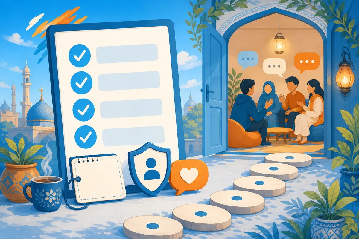 Editorial illustration of a soft checklist board with checkmarks and stepping stones toward a friendly sky-blue chat doorway