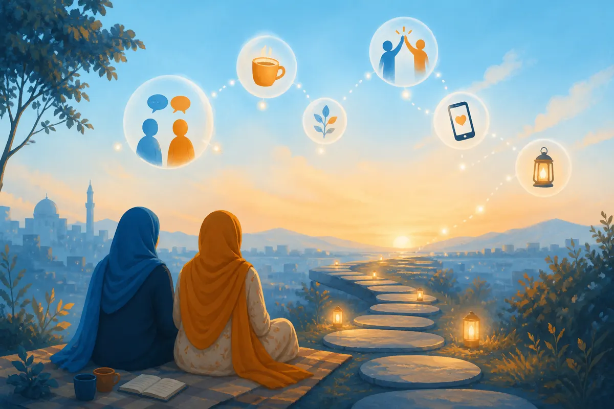 Grounded illustration of stepping-stone friendship moments toward realistic online connection goals