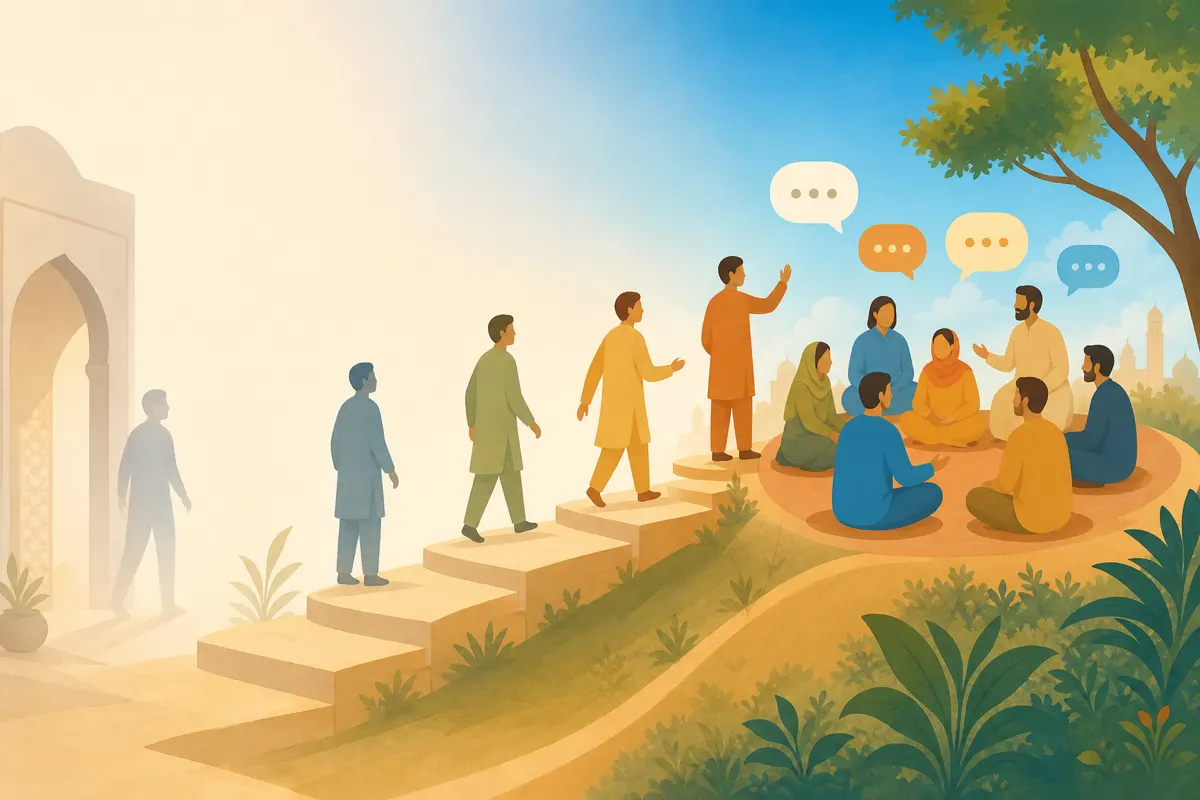 Editorial illustration of a guest silhouette walking a warm path into a welcoming sky-blue chat community