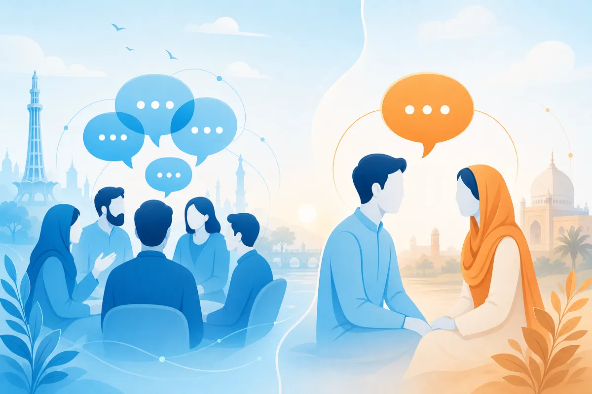 Editorial illustration comparing a lively group chat circle with a focused one-to-one conversation