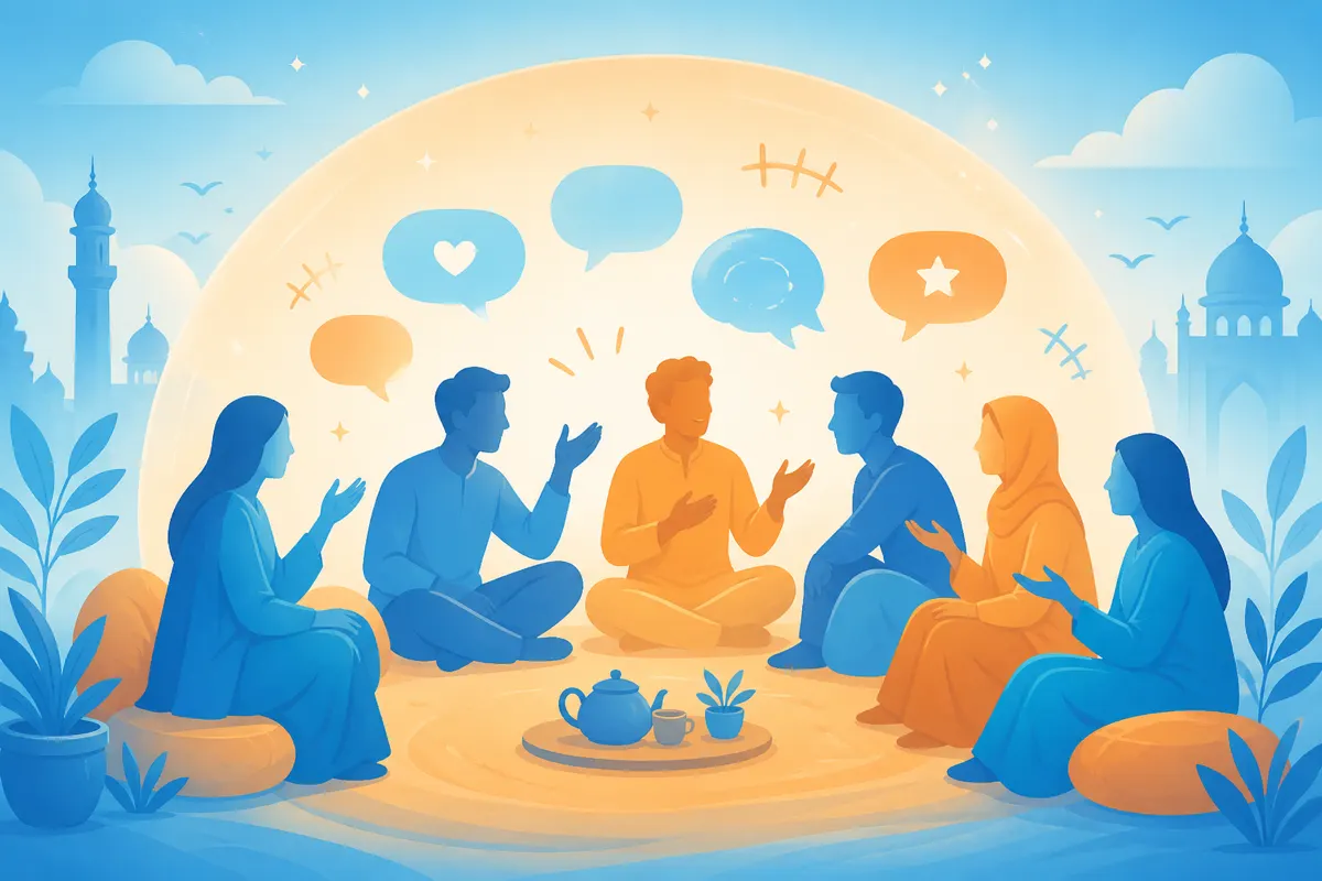 Playful illustration of kind group laughter sparks and chat bubbles shared without hurting anyone