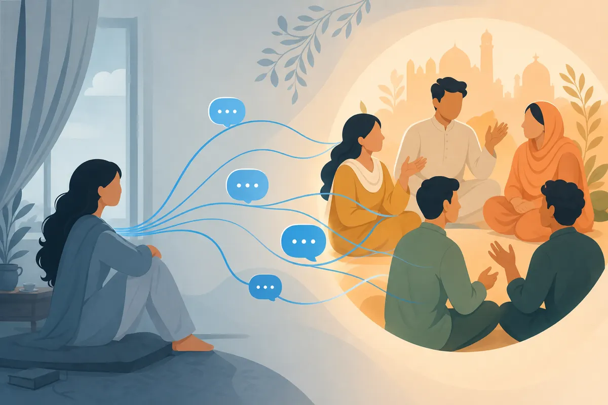Editorial illustration of a solitary figure connecting through sky-blue chat threads to a warm community circle