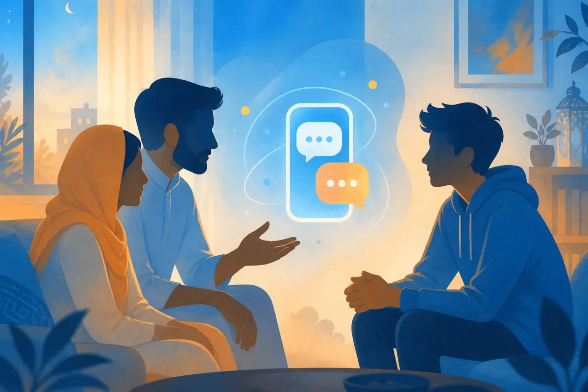 Gentle illustration of a parent and teen talking calmly about chat apps over a soft glowing phone icon