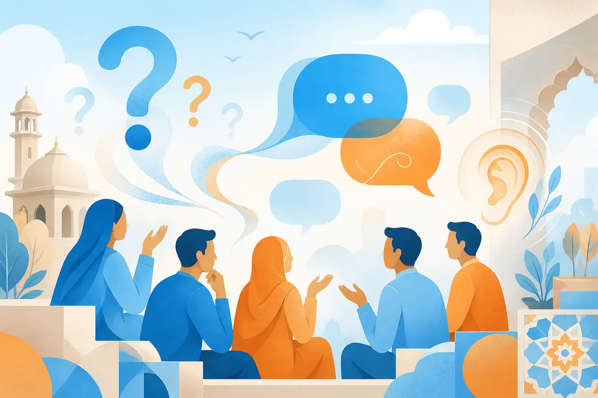 Thoughtful illustration of question marks opening into clear chat bubbles for better online questions