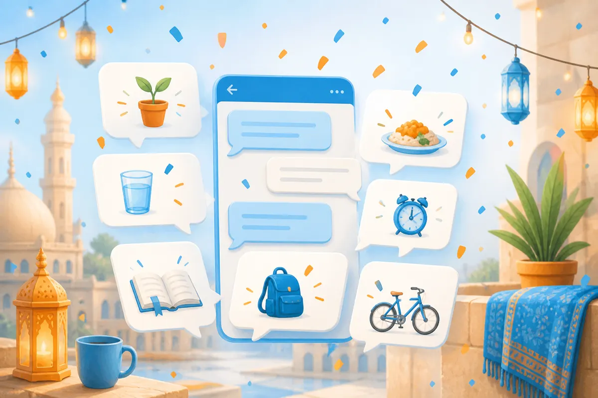 Joyful illustration of soft confetti sparks around chat bubbles celebrating small everyday wins