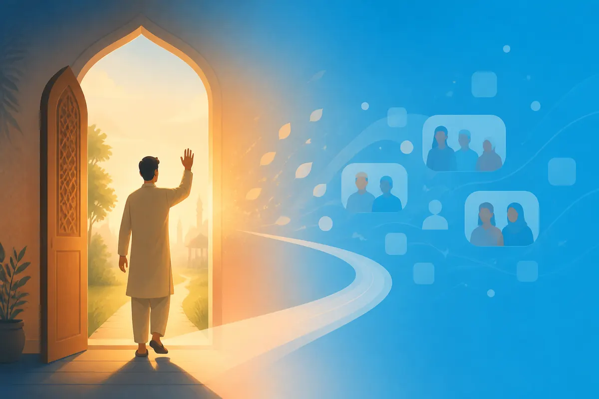 Illustration of a gentle exit doorway and farewell wave for leaving a chat politely
