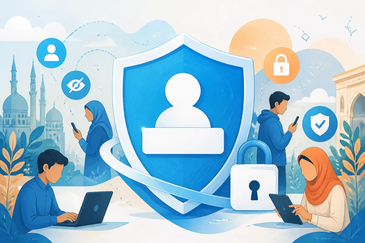 Illustration of a shield protecting a blank nickname badge for safer online chat