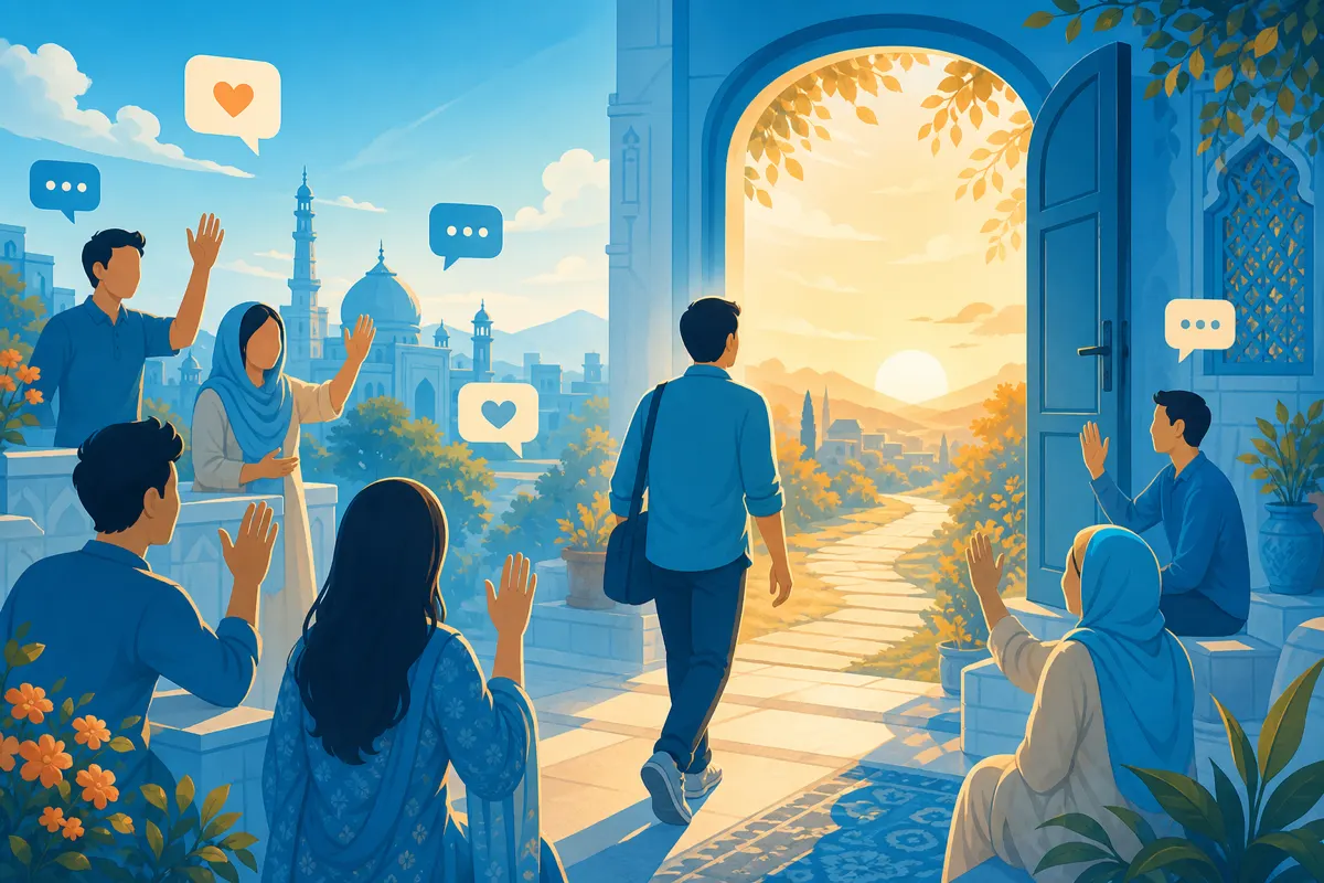 Editorial illustration of a figure stepping back through a warm sunrise doorway into welcoming sky-blue chat bubbles
