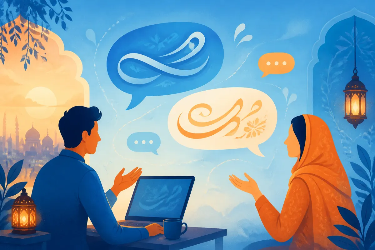 Illustration of warm Urdu chat greetings with soft speech bubbles and sky-blue accents