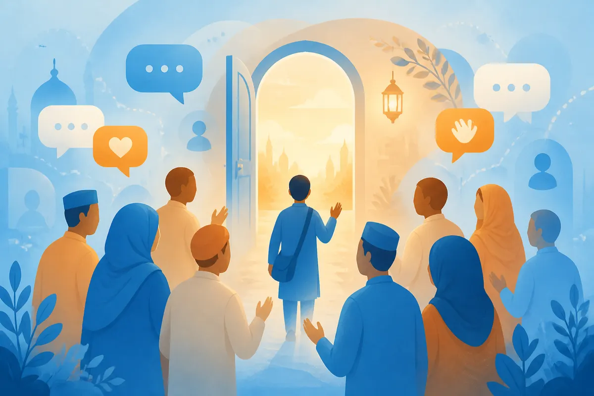 Warm illustration of open doorway and friendly chat bubbles welcoming new guests into a Pakistani online chat room