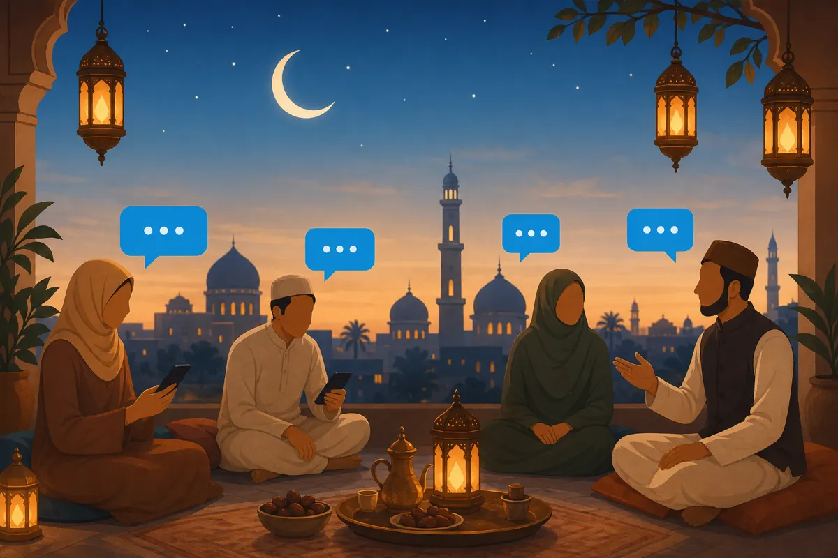 Editorial illustration of a calm Ramadan evening with crescent moon, lanterns, and respectful sky-blue chat bubbles
