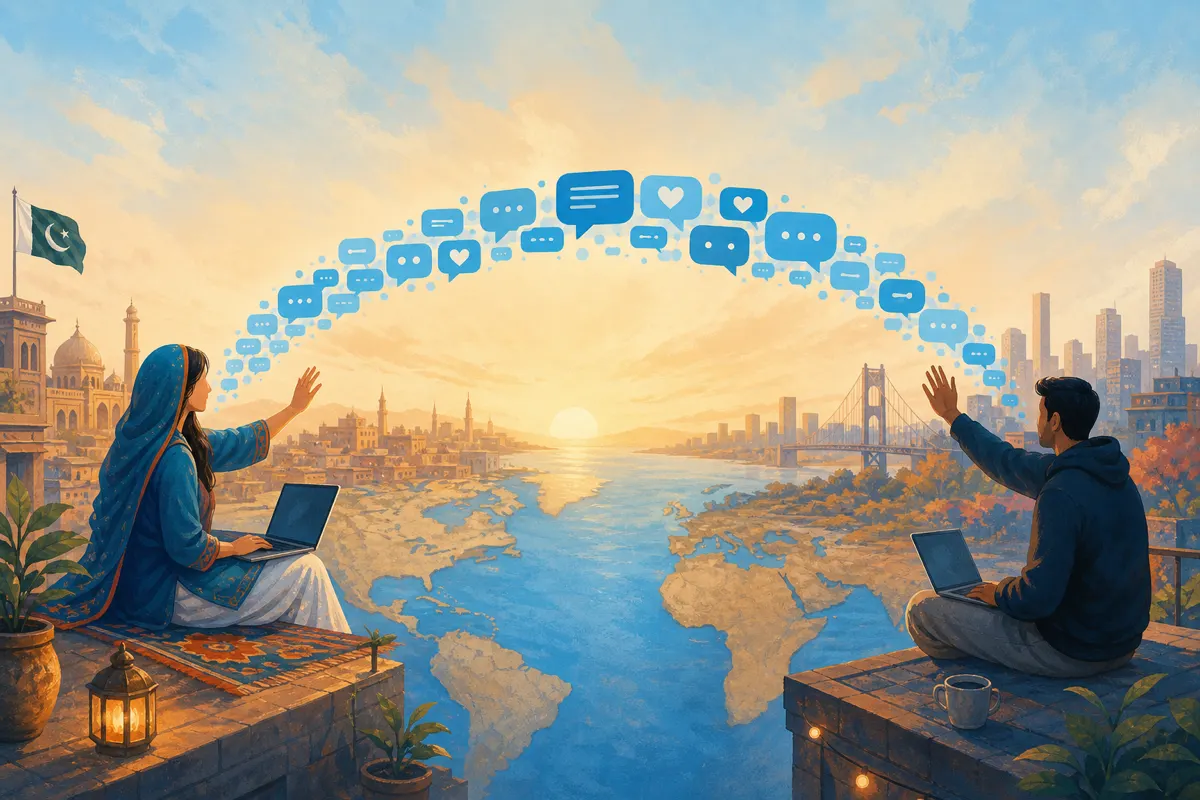 Editorial illustration of two friends connected across distance by a bridge of sky-blue chat bubbles