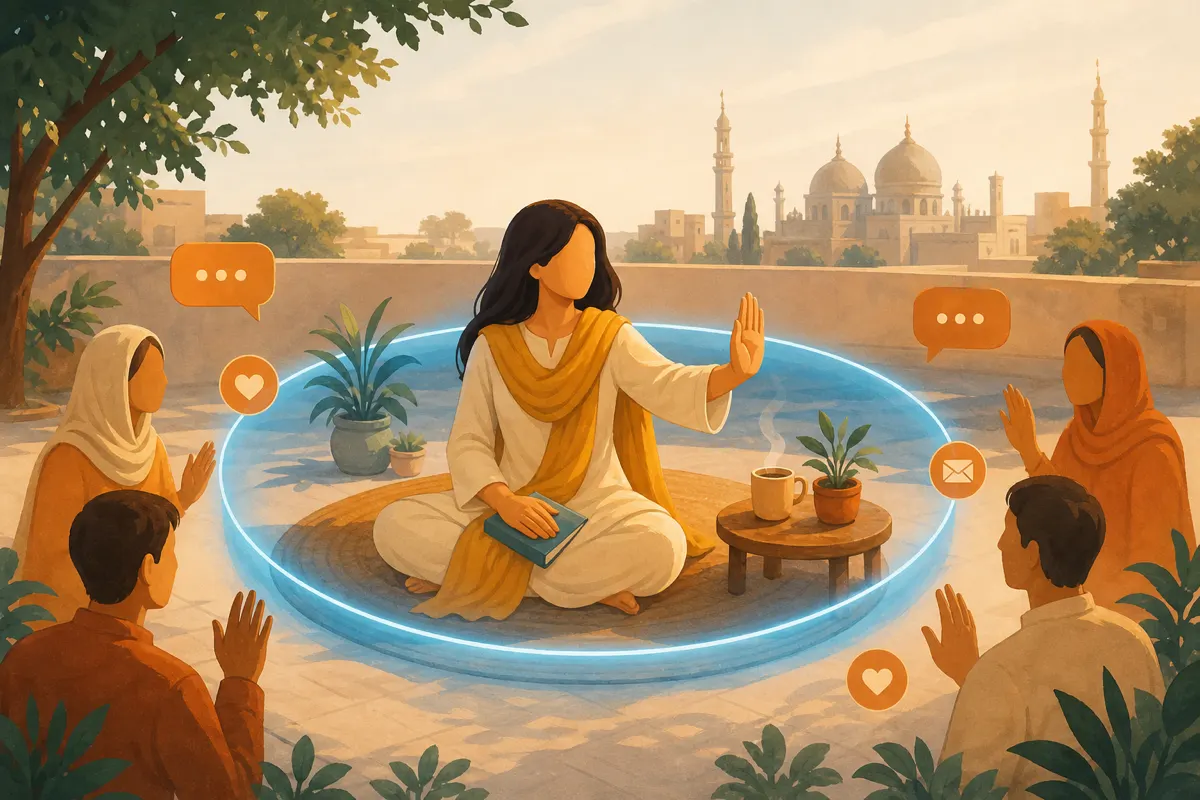Editorial illustration of a figure drawing a sky-blue personal boundary circle around calm chat space