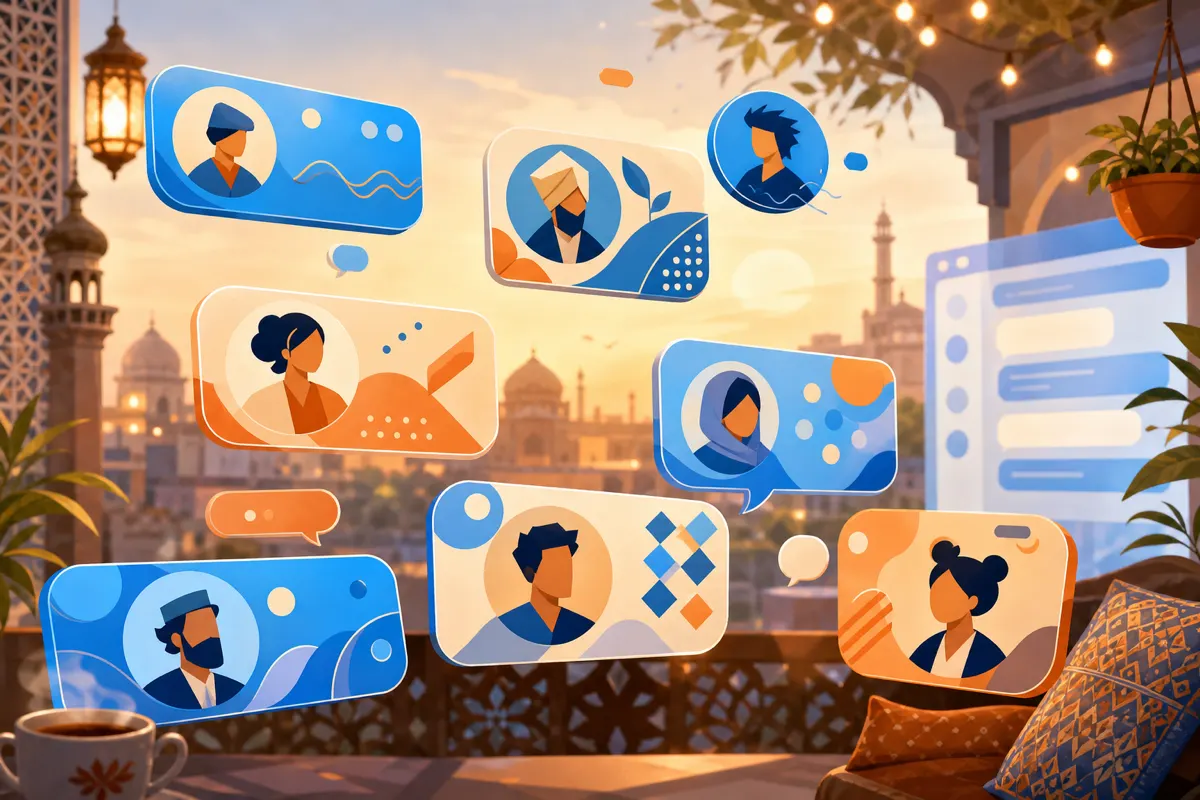 Editorial illustration of nickname badges and avatar silhouettes in a sky-blue Pakistani chat community scene