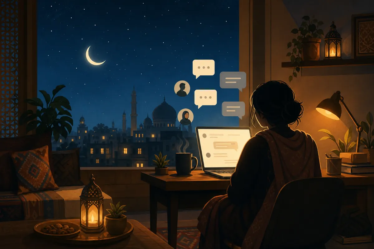 Editorial illustration of a night owl chatting on a laptop under a crescent moon with warm orange lamp light