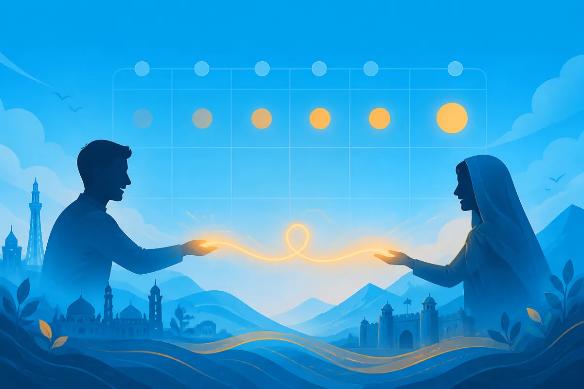 Illustration of two silhouettes connected by a warm bridge after one week of online friendship
