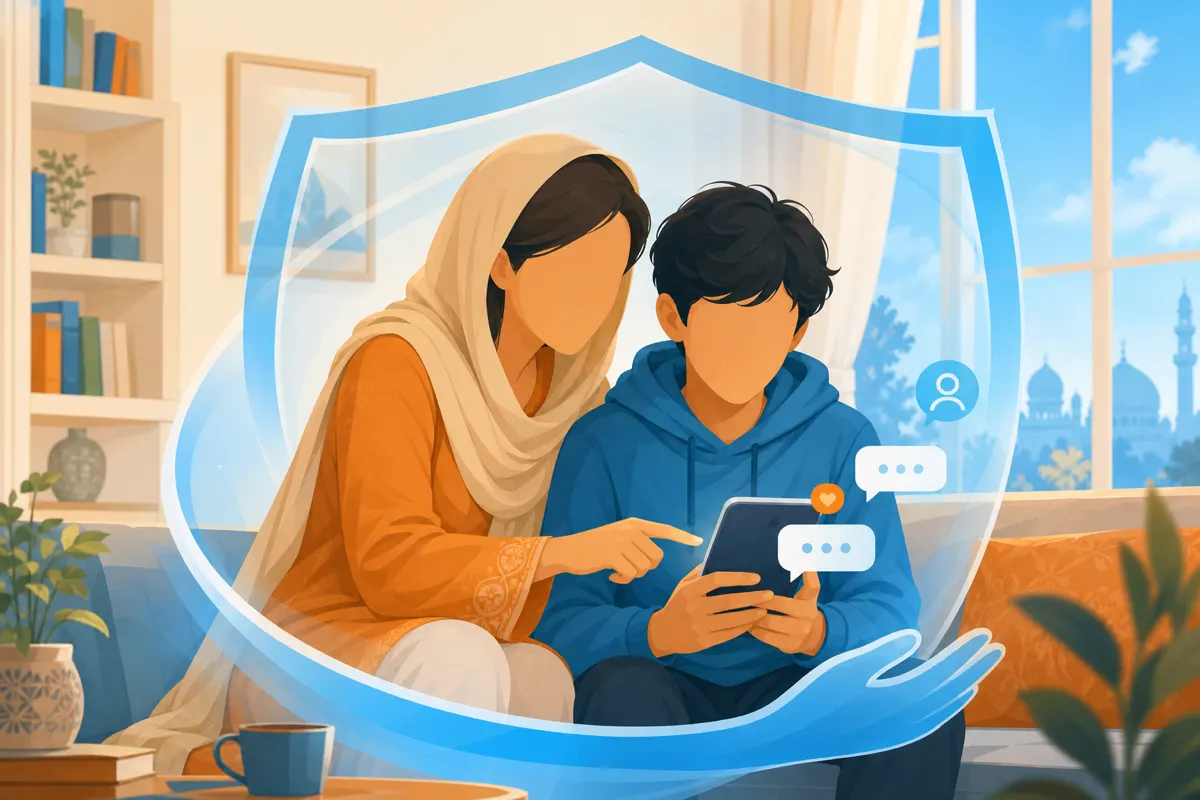 Editorial illustration of a parent and teen reviewing chat together under a protective soft shield