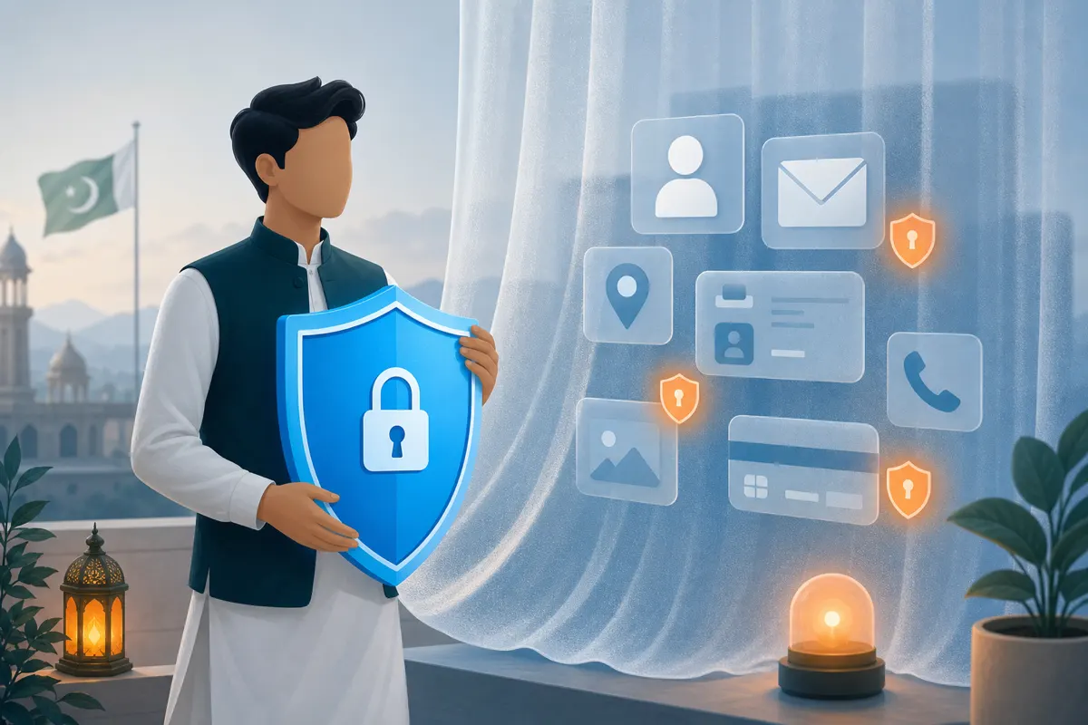 Editorial illustration of a figure holding a sky-blue privacy shield protecting personal information icons