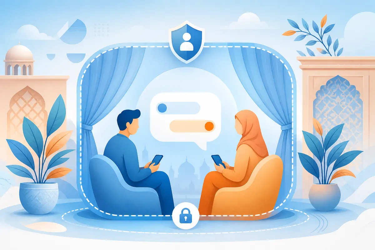 Soft illustration of privacy shields and boundary lines around a private chat message bubble