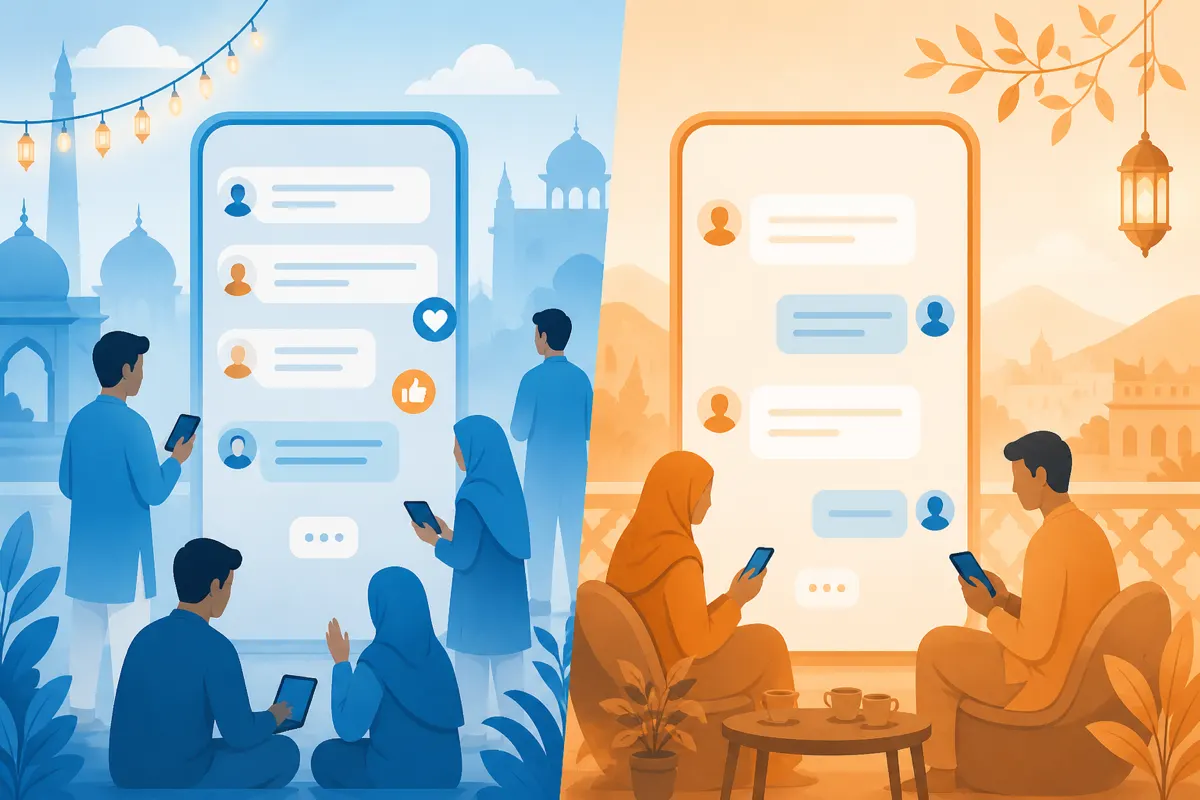 Split illustration comparing a lively public chat room with quiet one-to-one private messages