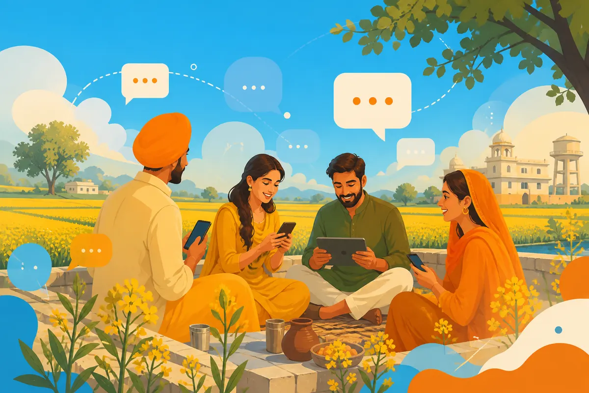 Illustration of Punjab fields and floating chat bubbles in sky-blue and soft orange